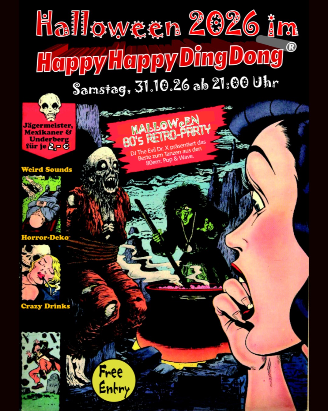 Plakat zur Halloween-Party am 31. Oktober 2026 im HappyHappyDingDong in Dortmund
