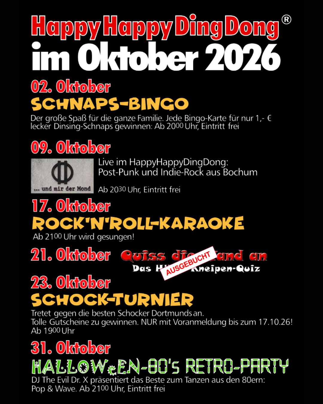 Plakat zum Oktober-Programm 2026 im HappyHappyDingDong in Dortmund