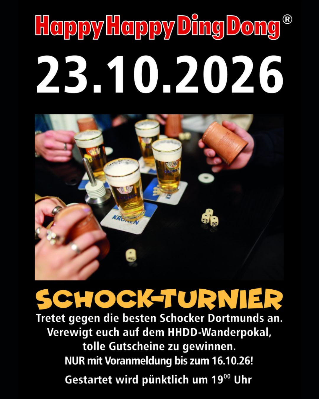 Plakat zum Schockturnier am 23. Oktober 2026 im HappyHappyDingDong in Dortmund