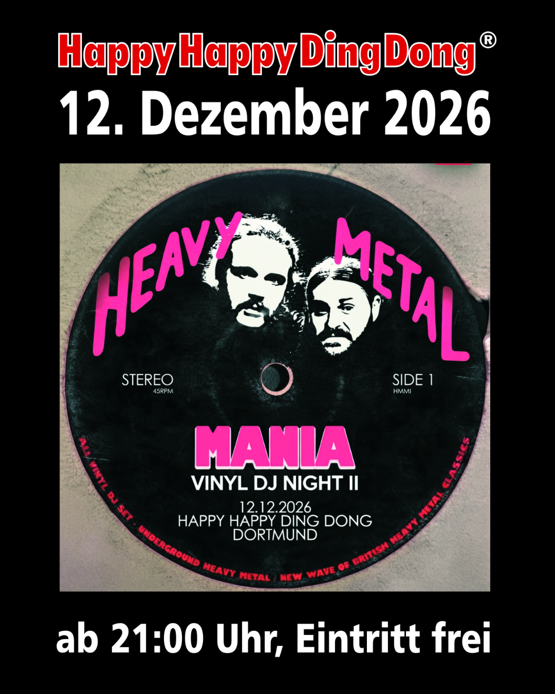 Plakat zur Mania Vinyl DJ Night II am 12. Dezember 2026 im HappyHappyDingDong in Dortmund