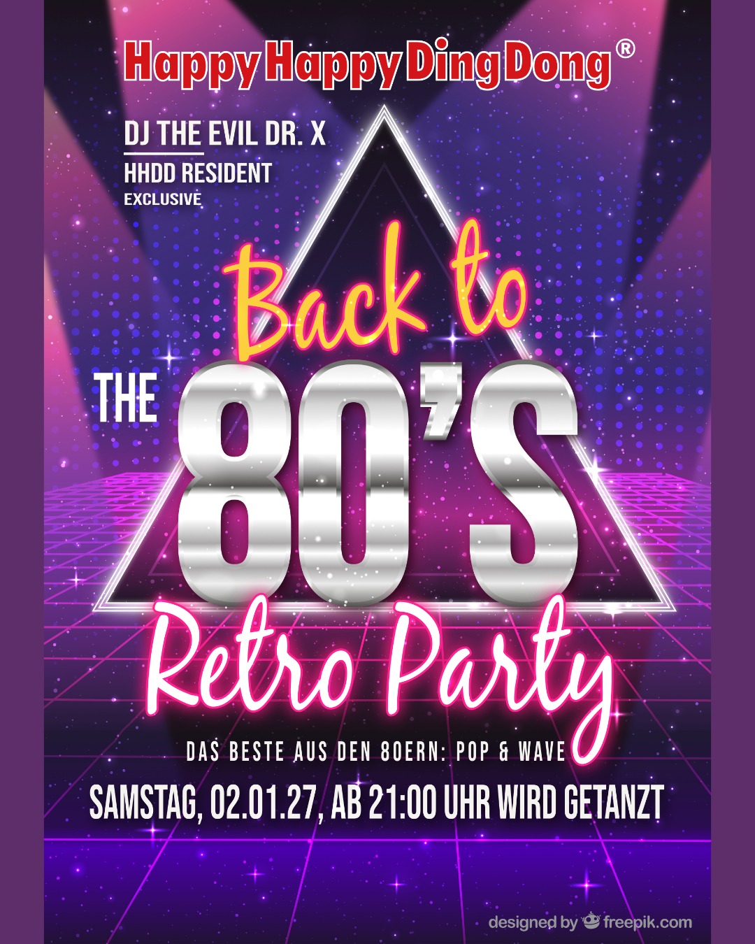 Plakat zur 80s-Retro-Party am 2. Januar 2027 im HappyHappyDingDong in Dortmund