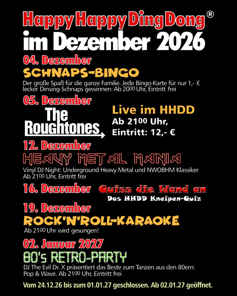 Plakat zum Dezember-Programm 2026 im HappyHappyDingDong in Dortmund