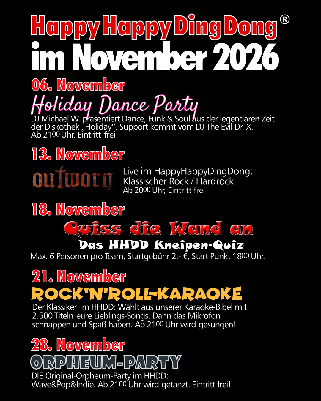 Plakat zum November-Programm 2026 im HappyHappyDingDong in Dortmund