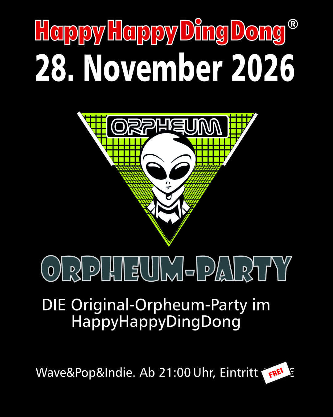 Plakat zur Orpheum-Party am 28. November 2026 im HappyHappyDingDong in Dortmund