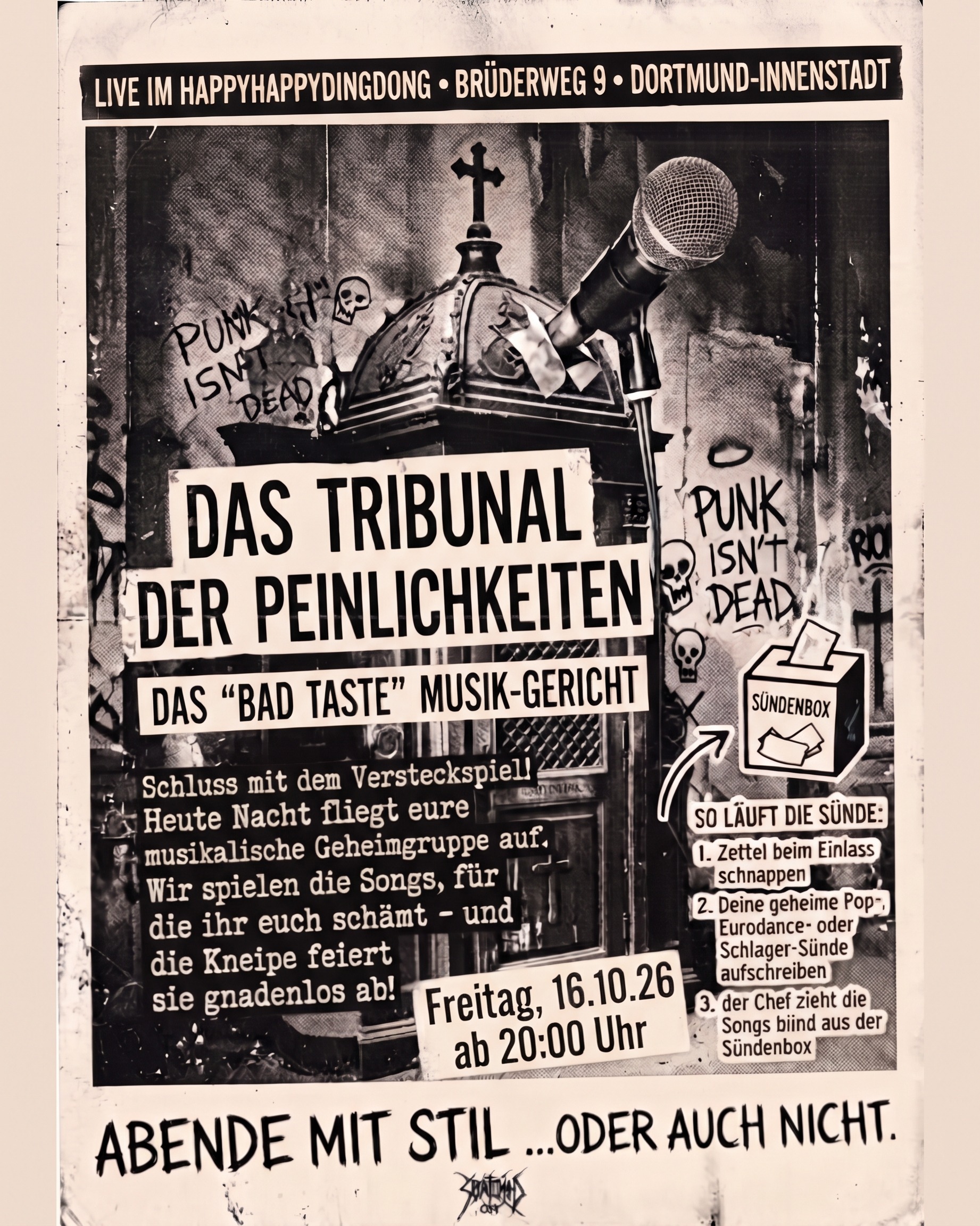 Plakat zum Tribunal der Peinlichkeiten im HappyHappyDingDong in Dortmund